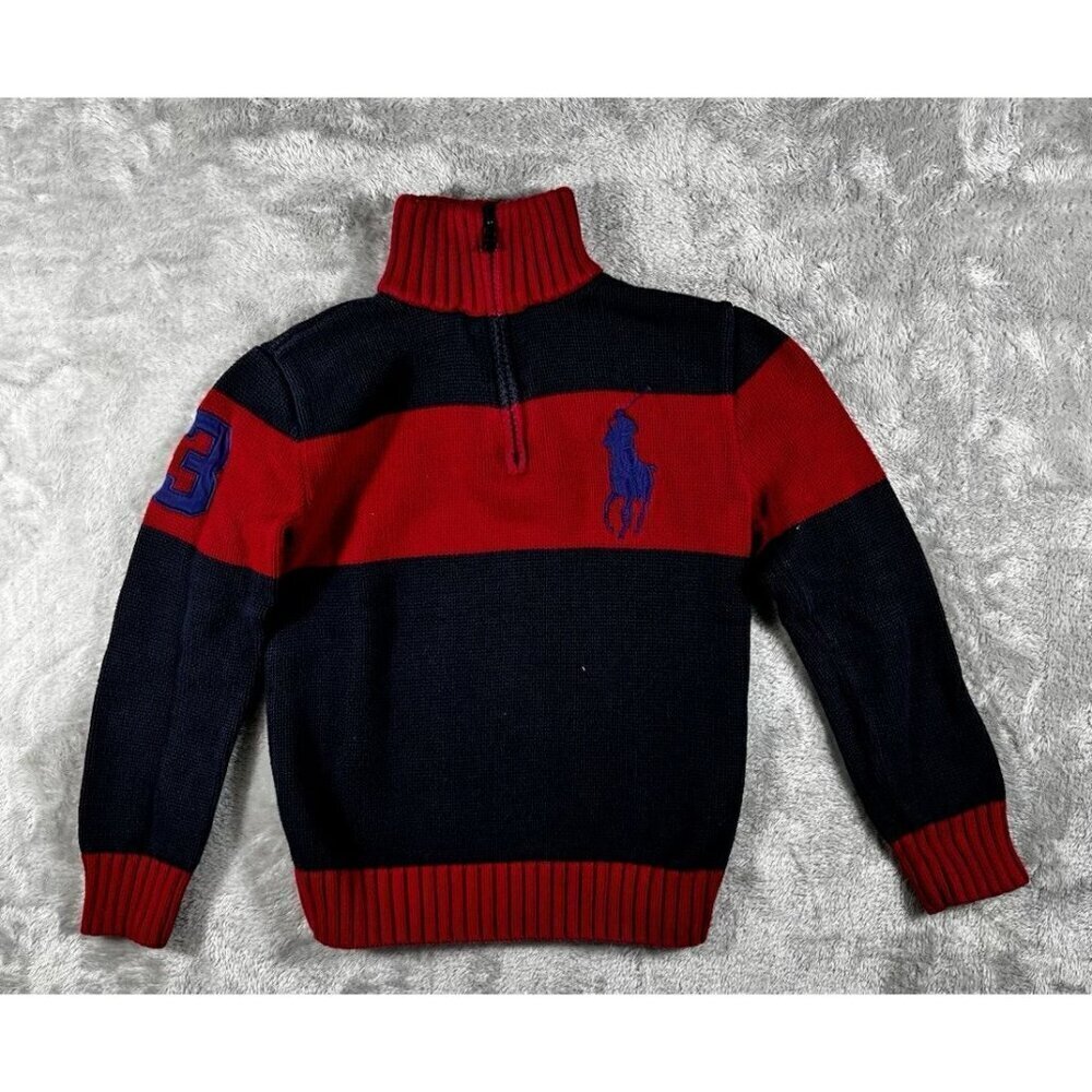 Ralph Lauren Boys’ Quarter-Zip Sweater - Red and Navy Big Pony - Size 8